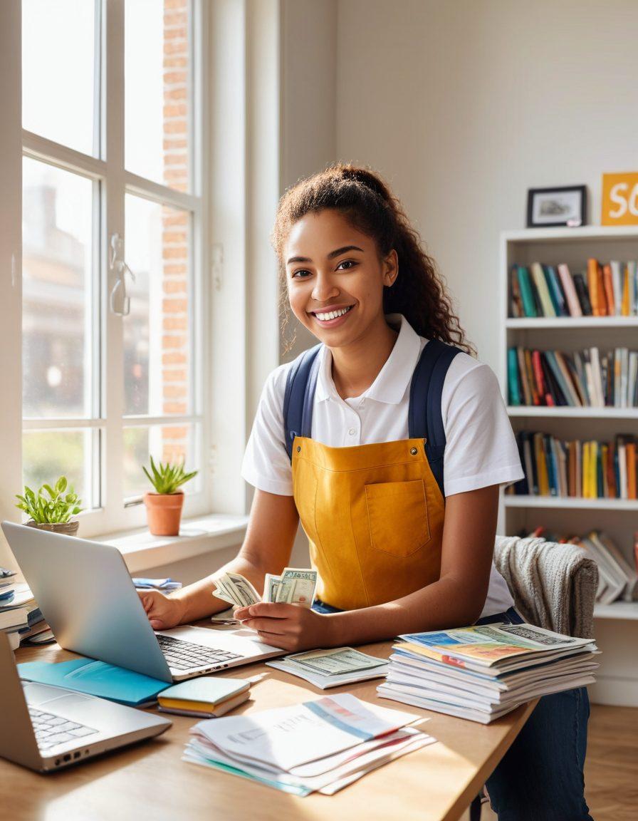 A bustling scene of a college student's room filled with neat stacks of academic books and an open laptop showing an online marketplace. The student is happily holding a handful of cash, with a satisfied expression on their face. Soft sunlight filters through the window, illuminating the room. The scene should evoke a sense of productivity and success. super-realistic. vibrant colors. white background.