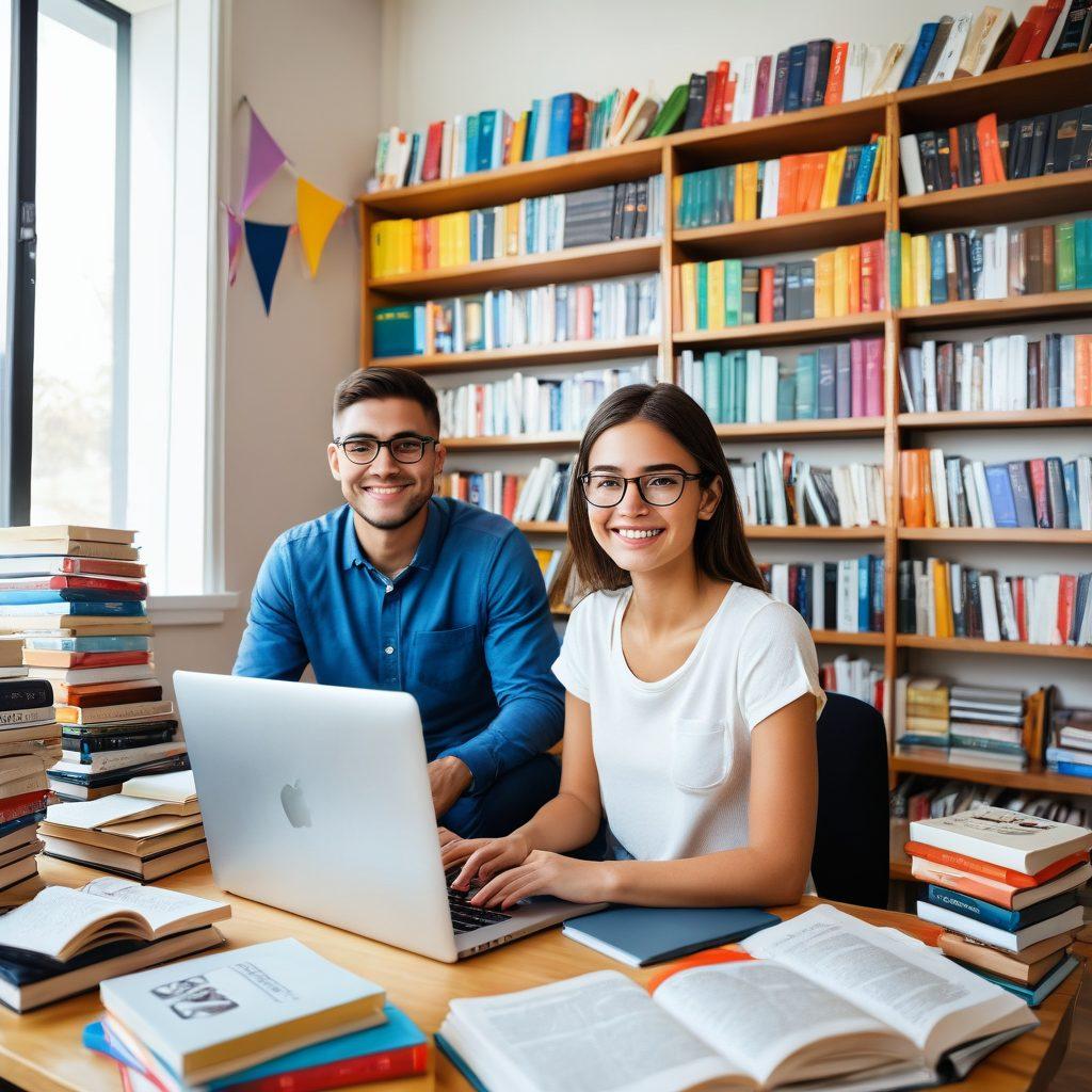 A cheerful student navigating a laptop with numerous books around, showcasing various book buyback websites on the screen. The websites should display high prices for books being sold. Background with a cozy study room setting adorned with bookshelves and bright pennants. super-realistic. vibrant colors. white background.