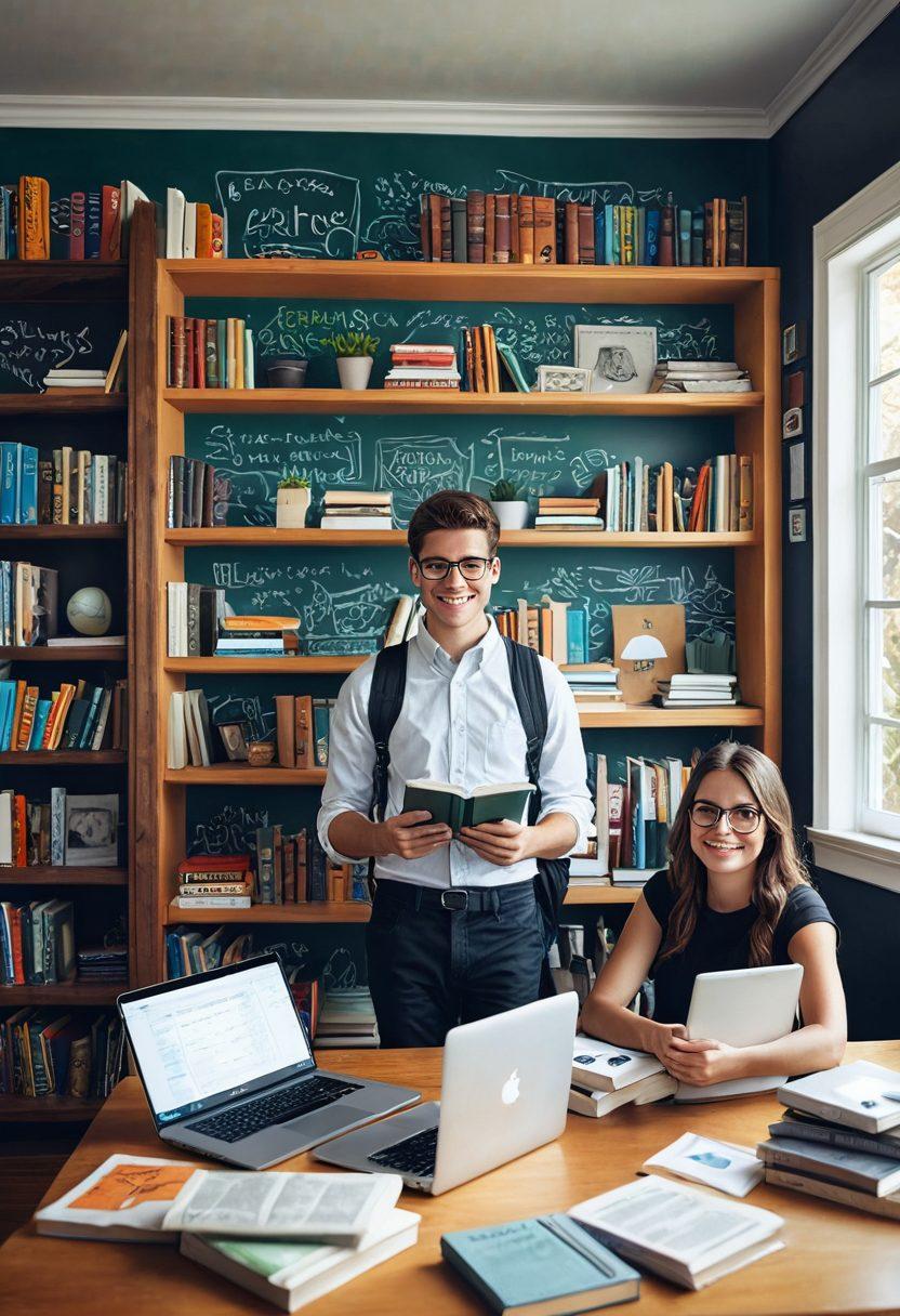 A dynamic scene of a college student in a cozy room surrounded by books, a laptop with a sell-books interface on the screen, and dollar bills floating in the air. The background features bookshelves filled with used textbooks and a chalkboard with tips and stats. vibrant colors. super-realistic.